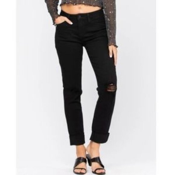 Judy Blue Black Denim Slim Fit High Rise Distressed Knee Raw Hem Ankle Jeans - Picture 1 of 11